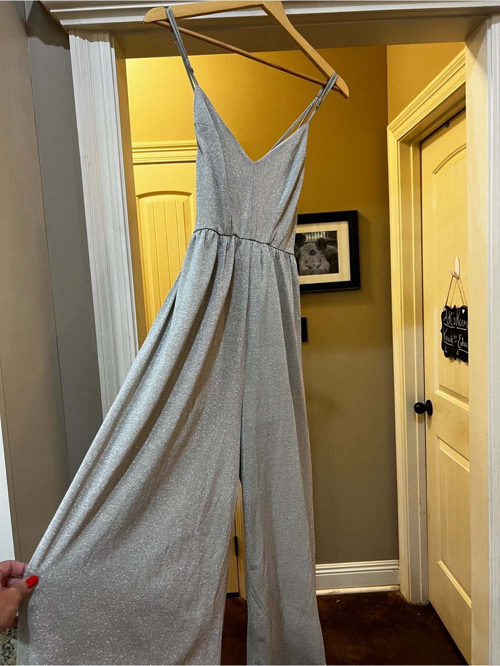 She + Sky Silver Sparkle Wide-Leg Jumpsuit with V-Neck